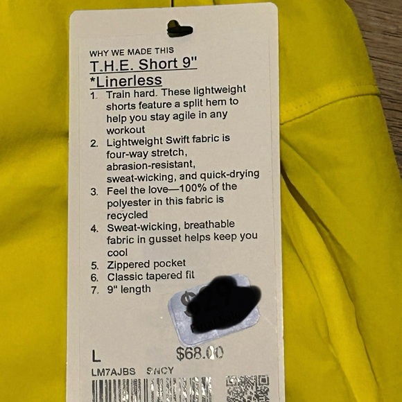 Lululemon Men's T.H.E Short Linerless 9” Sonic Yellow SNCY Size L New - Picture 2 of 2